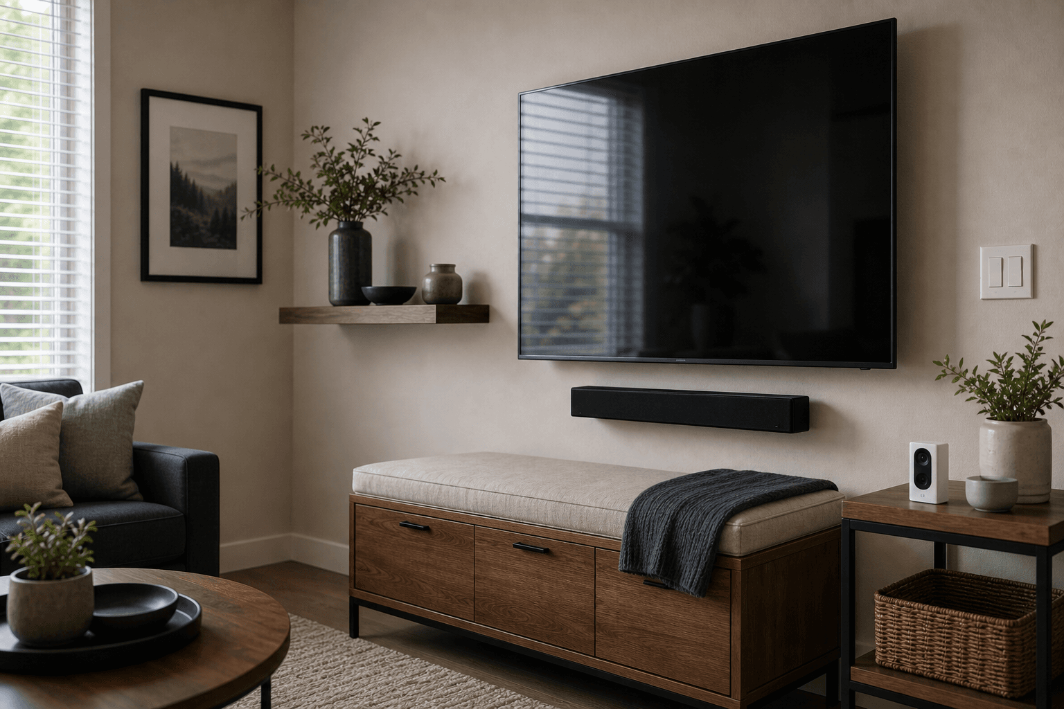 Wall-mounted TV and soundbar in a finished living room