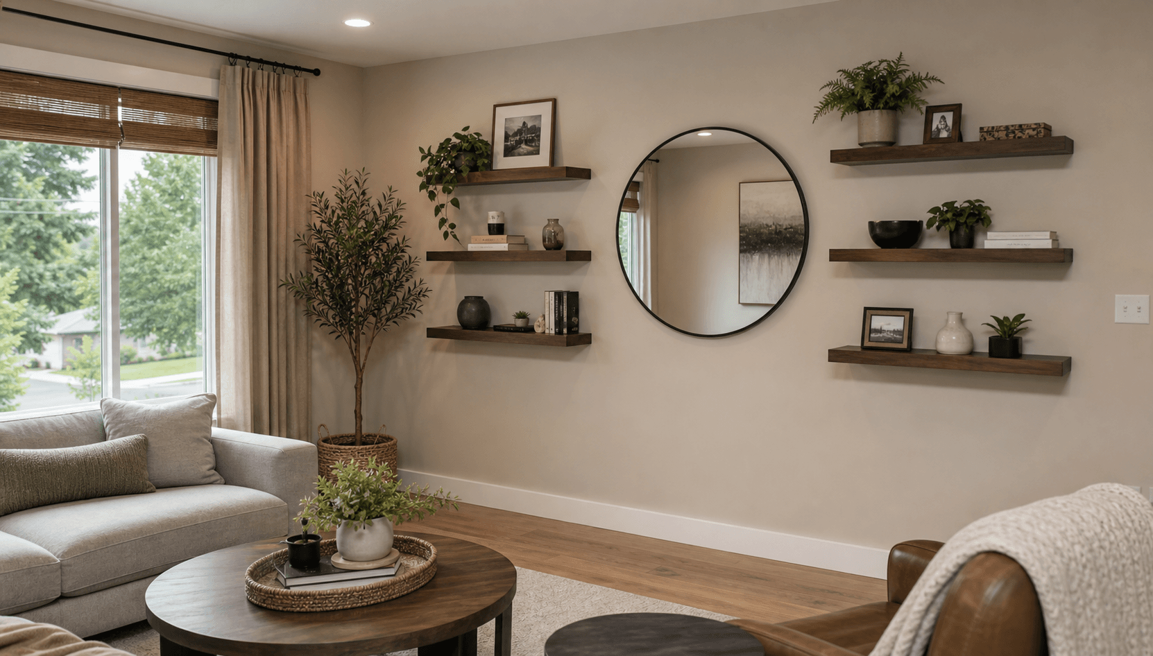 Level wall shelving installed in a finished living space